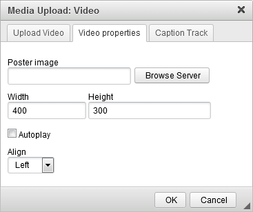 Media Upload: Video window: Video properties tab